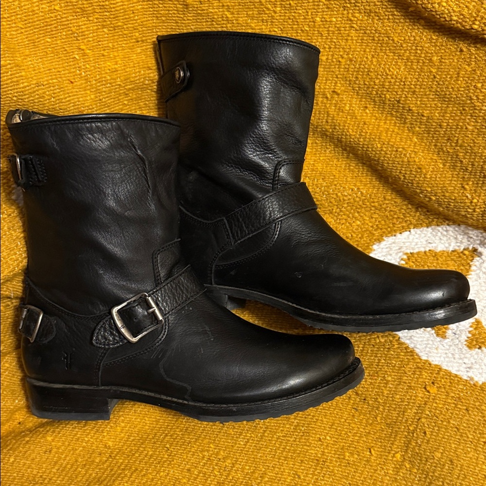 Frye Black Leather Moto boots with Buckles